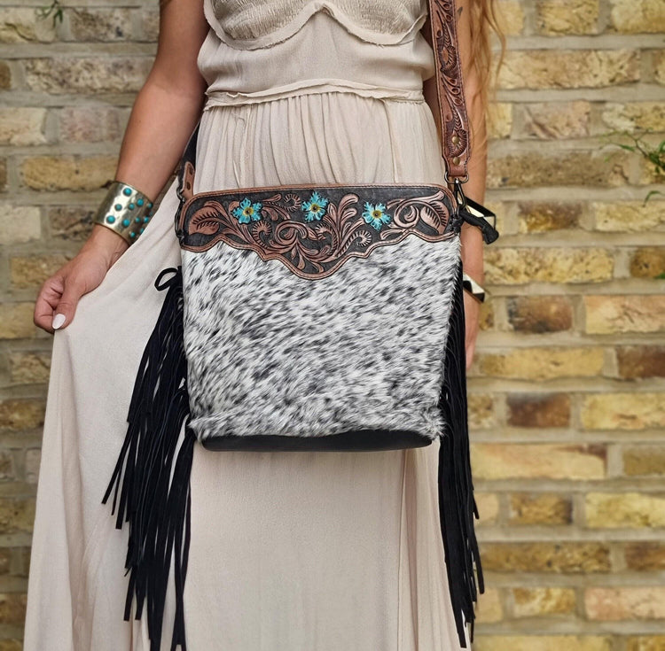Floral Tooled Leather Cowhide Bag: Western Cowgirl Crossbody Purse