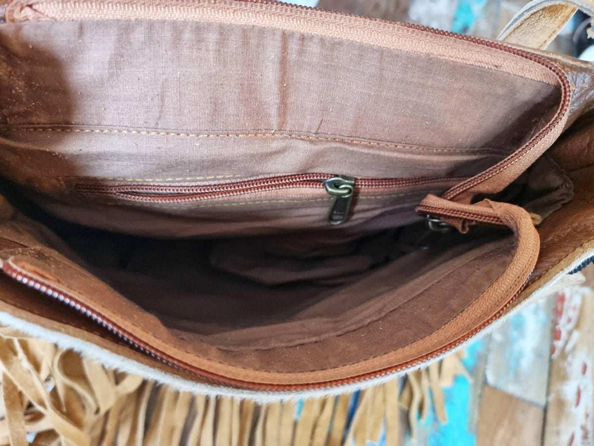 Cowhide Fringe Crossbody Bag: Boho Cowgirl Purse with Seashells