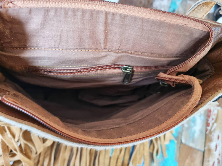 Cowhide Fringe Crossbody Bag: Boho Cowgirl Purse with Seashells