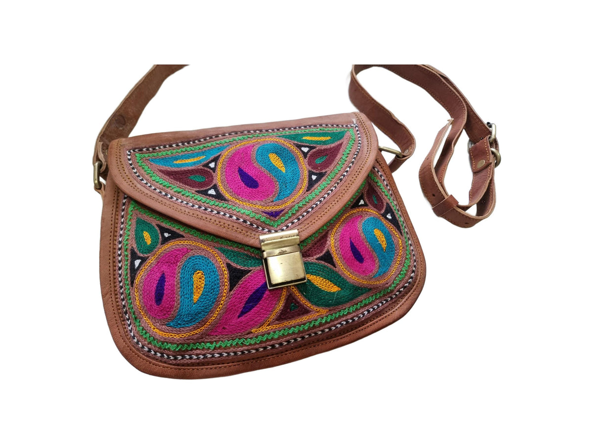 Yin Yang Leather Crossbody Bag – Handmade Embroidered Boho Purse, Hippie Festival Saddle Bag