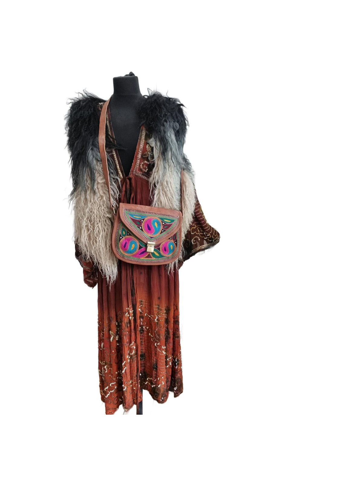 Yin Yang Leather Crossbody Bag – Handmade Embroidered Boho Purse, Hippie Festival Saddle Bag
