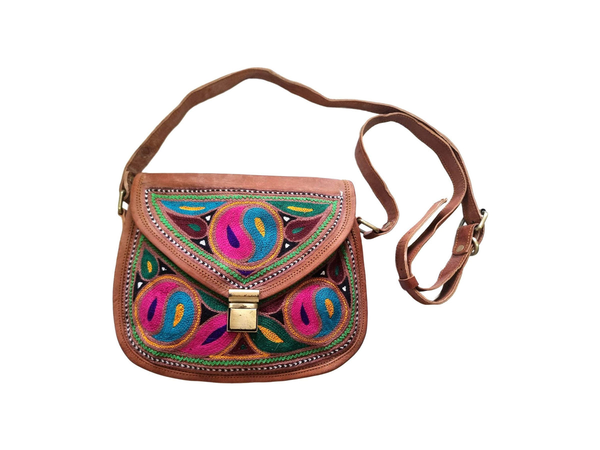 Yin Yang Leather Crossbody Bag – Handmade Embroidered Boho Purse, Hippie Festival Saddle Bag