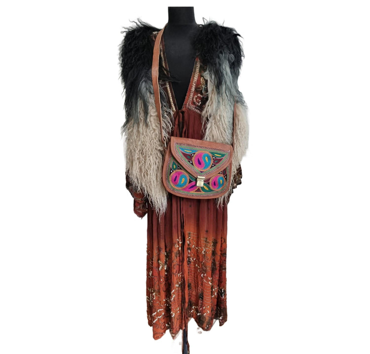 Yin Yang Leather Crossbody Bag – Handmade Embroidered Boho Purse, Hippie Festival Saddle Bag