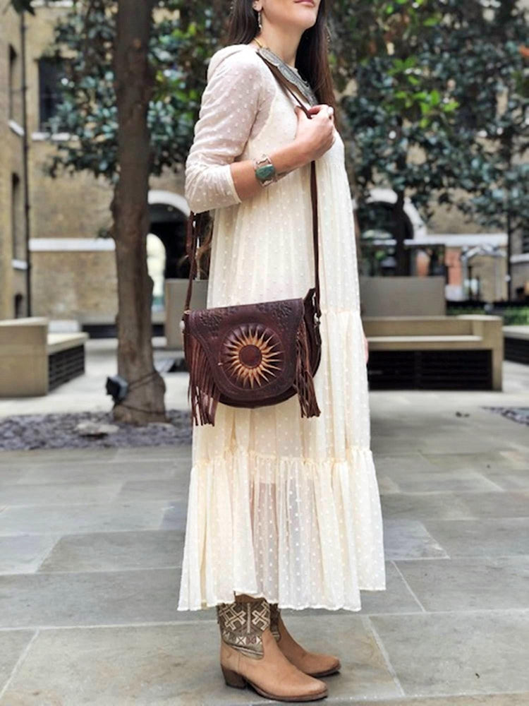 Sunflower Leather Bag, Handmade Boho Crossbody Purse, Embossed Fringe Hippie Handbag, Genuine Brown Leather Festival Shoulder Bag