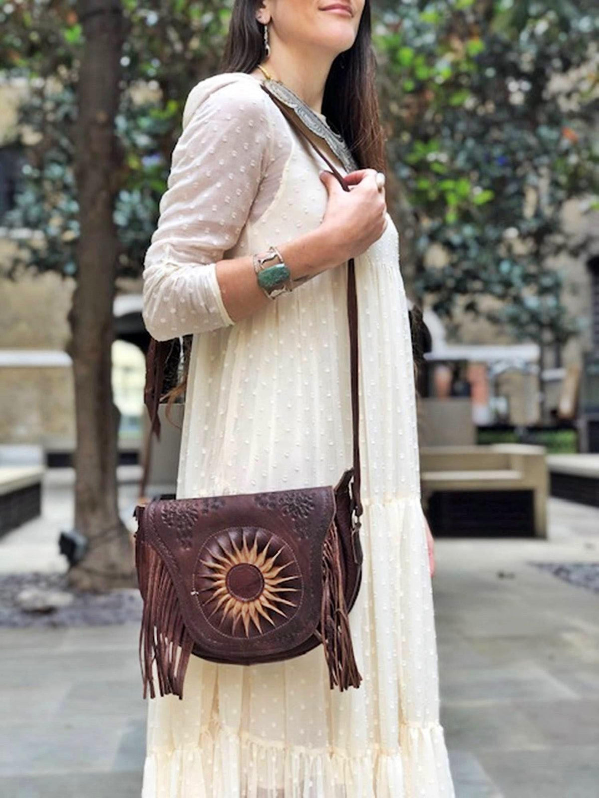 Sunflower Leather Bag, Handmade Boho Crossbody Purse, Embossed Fringe Hippie Handbag, Genuine Brown Leather Festival Shoulder Bag