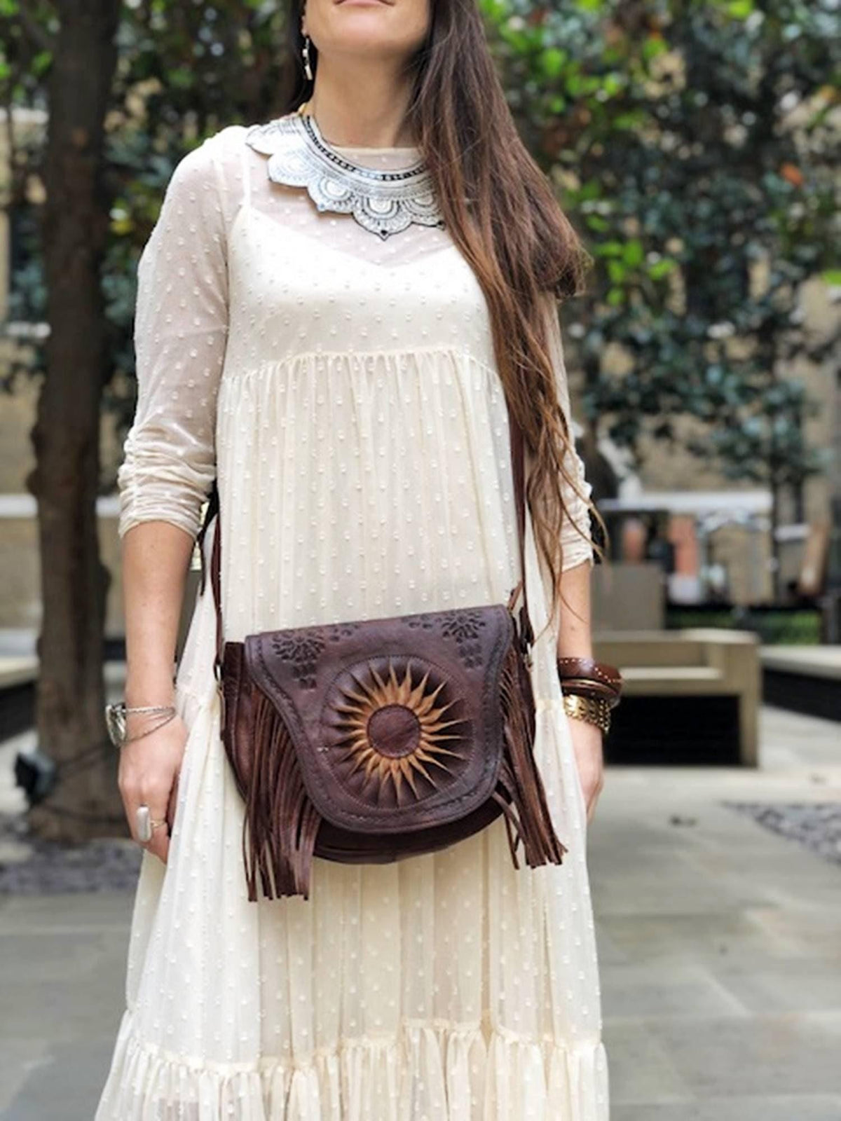 Sunflower Leather Bag, Handmade Boho Crossbody Purse, Embossed Fringe Hippie Handbag, Genuine Brown Leather Festival Shoulder Bag