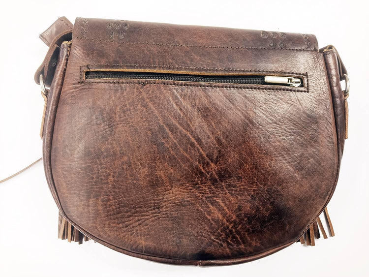 Sunflower Leather Bag, Handmade Boho Crossbody Purse, Embossed Fringe Hippie Handbag, Genuine Brown Leather Festival Shoulder Bag