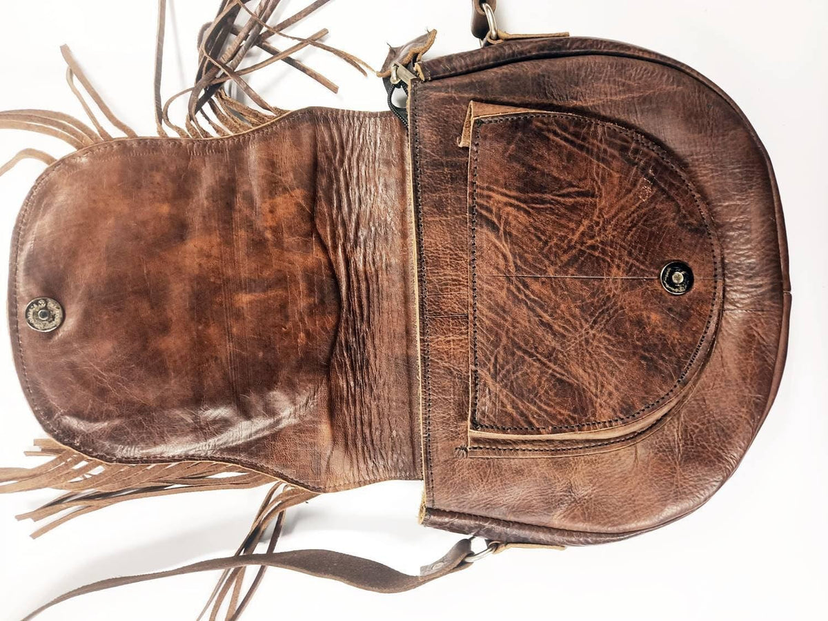 Sunflower Leather Bag, Handmade Boho Crossbody Purse, Embossed Fringe Hippie Handbag, Genuine Brown Leather Festival Shoulder Bag