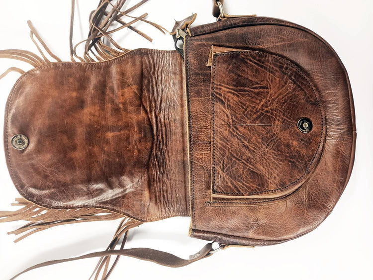 Sunflower Leather Bag, Handmade Boho Crossbody Purse, Embossed Fringe Hippie Handbag, Genuine Brown Leather Festival Shoulder Bag