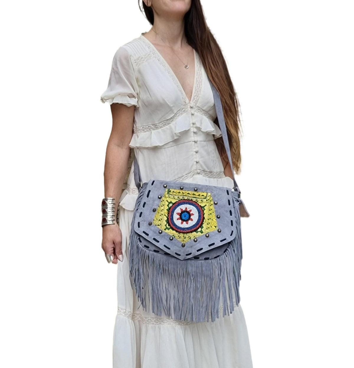 Grey Leather Fringe Bag with Mandala – Beaded Boho Crossbody Purse