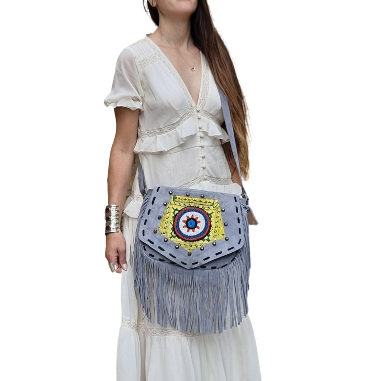Grey Leather Fringe Bag with Mandala – Beaded Boho Crossbody Purse