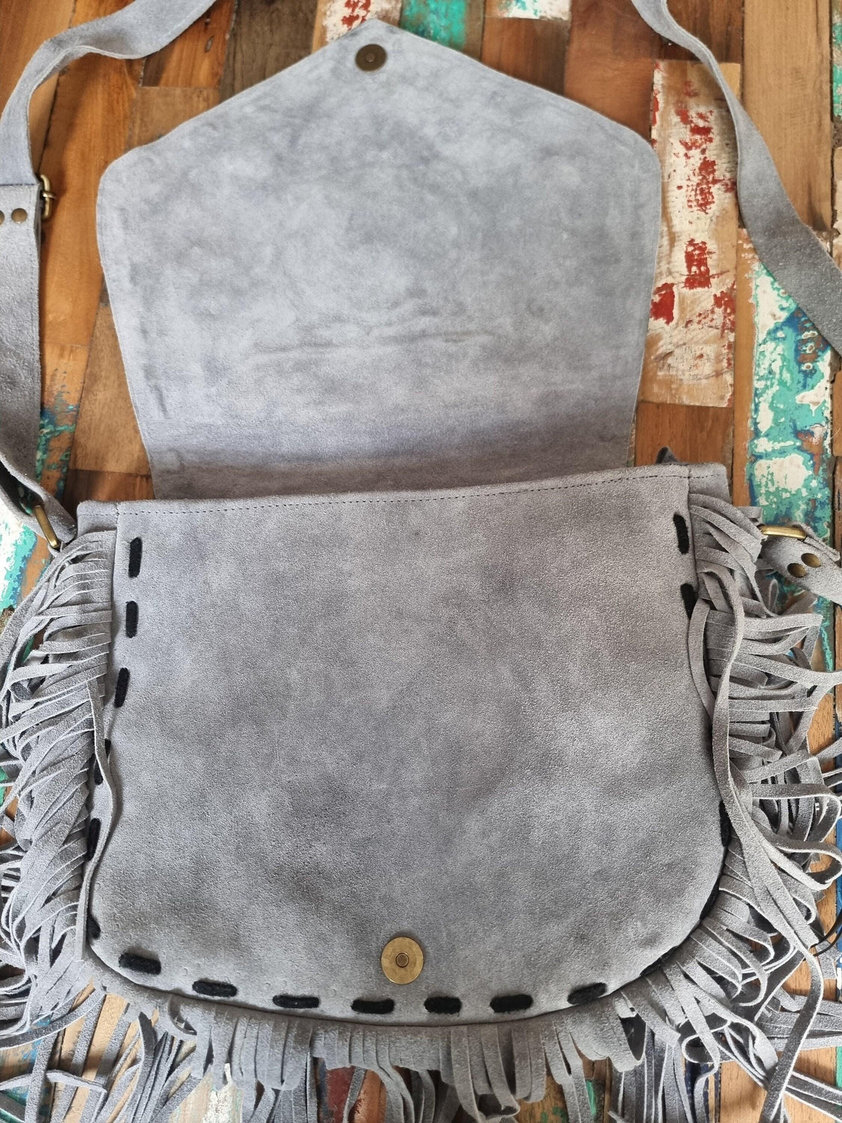Grey Leather Fringe Bag with Mandala – Beaded Boho Crossbody Purse
