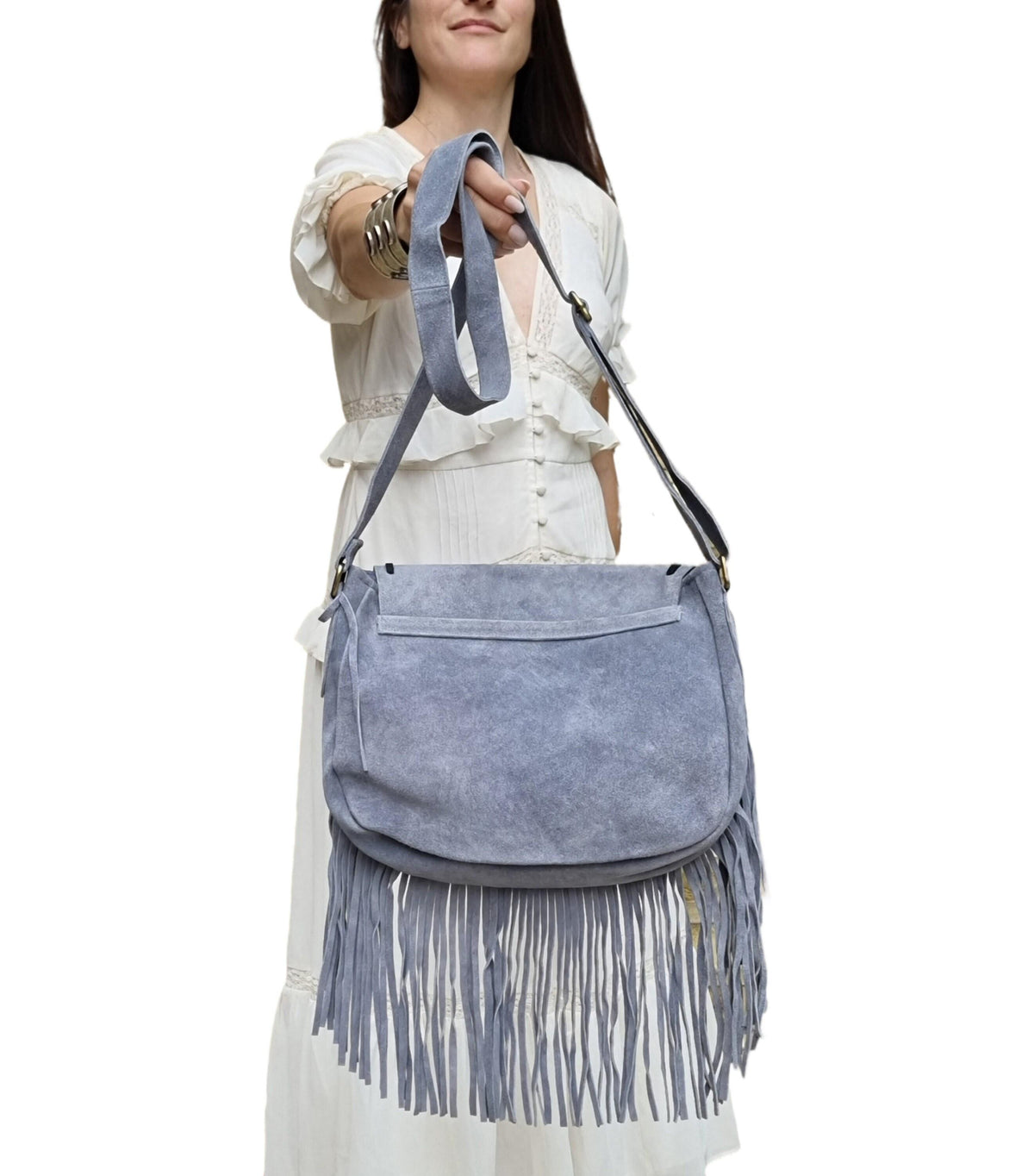 Grey Leather Fringe Bag with Mandala – Beaded Boho Crossbody Purse