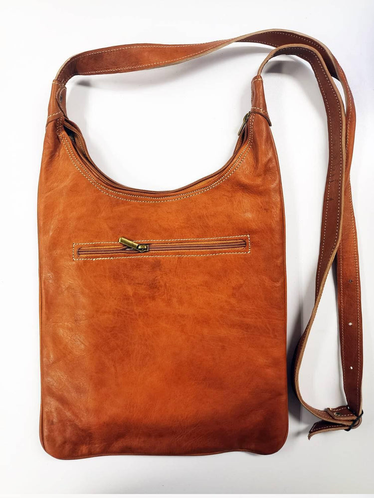 Tooled Leather Crossbody Bag, Boho Shoulder Tote, Vintage Moroccan Style Purse, Tan Leather Handbag, Artisan Crafts
