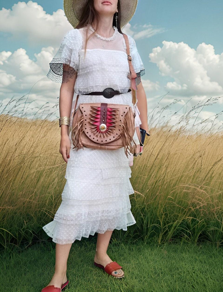 Vintage Tooled Leather Fringe Bag: Moroccan Boho Satchel
