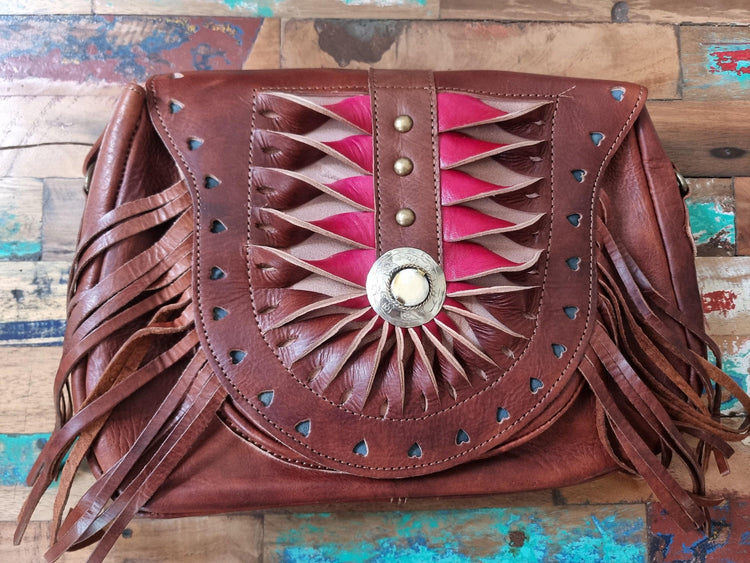 Vintage Tooled Leather Fringe Bag: Moroccan Boho Satchel
