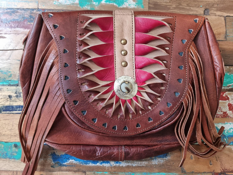 Vintage Tooled Leather Fringe Bag: Moroccan Boho Satchel