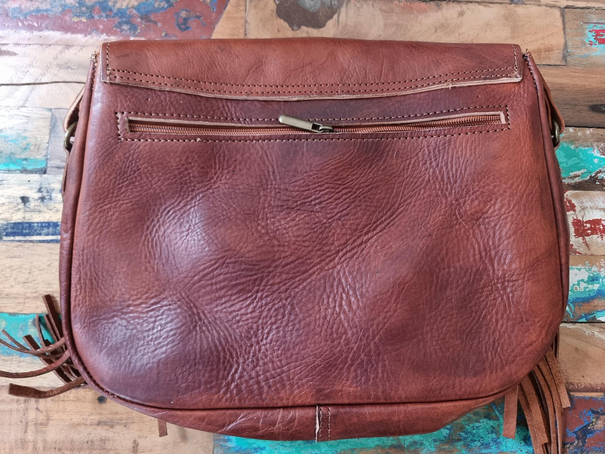 Vintage Tooled Leather Fringe Bag: Moroccan Boho Satchel