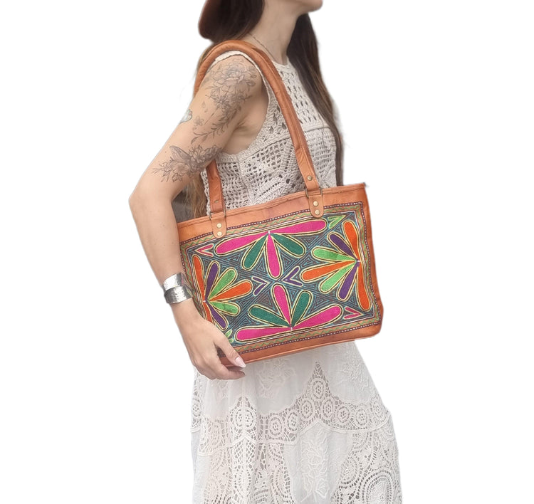 Colourful Embroidered Leather Shoulder Bag – Rainbow Boho Handbag & Artisan Leather Tote