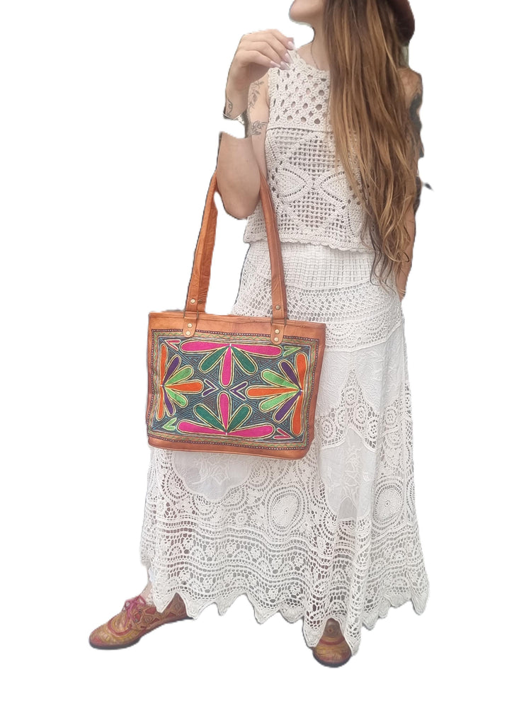 Colourful Embroidered Leather Shoulder Bag – Rainbow Boho Handbag & Artisan Leather Tote