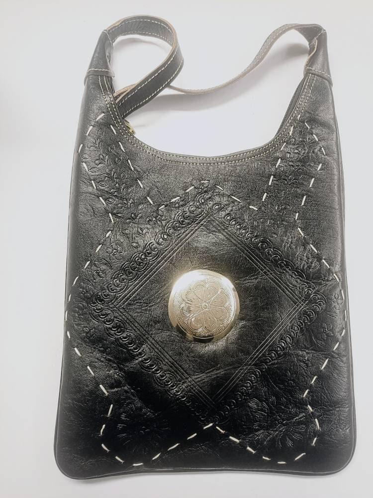 Hand Tooled Leather Crossbody Tote Bag: Vintage Moroccan Berber Design