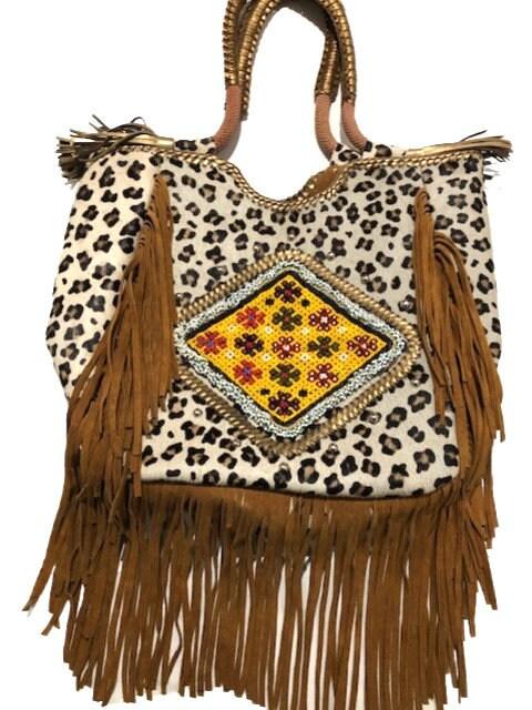 Western Leopard Cowhide Fringe Tote Bag: Beaded Leather Shopper