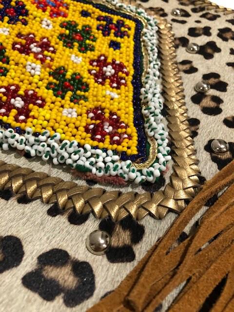 Western Leopard Cowhide Fringe Tote Bag: Beaded Leather Shopper