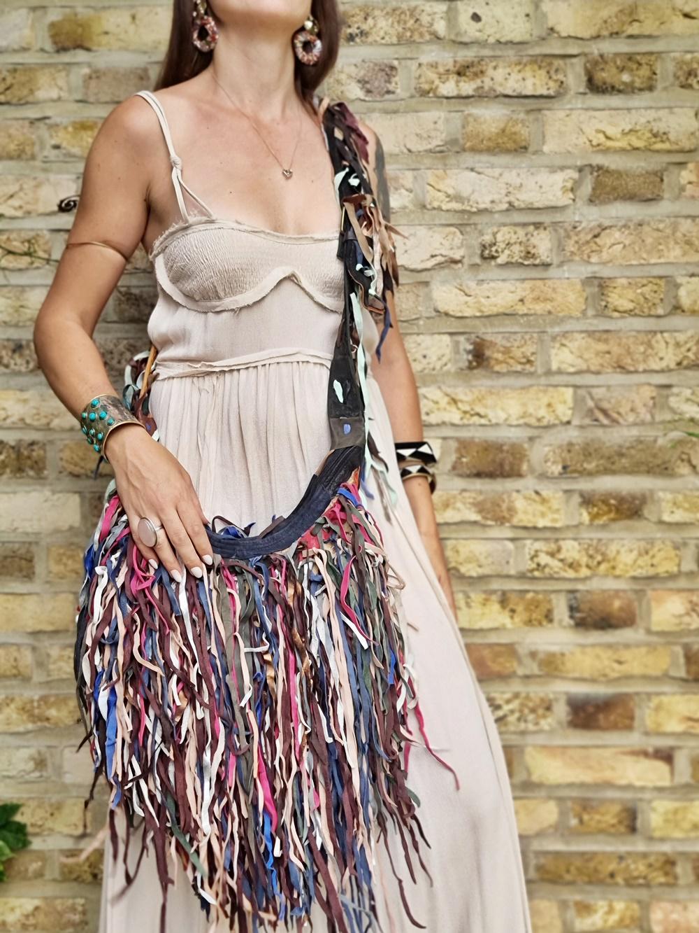 Upcycled Leather Fringe Shoulder Bag: Oversized Boho Western Tote