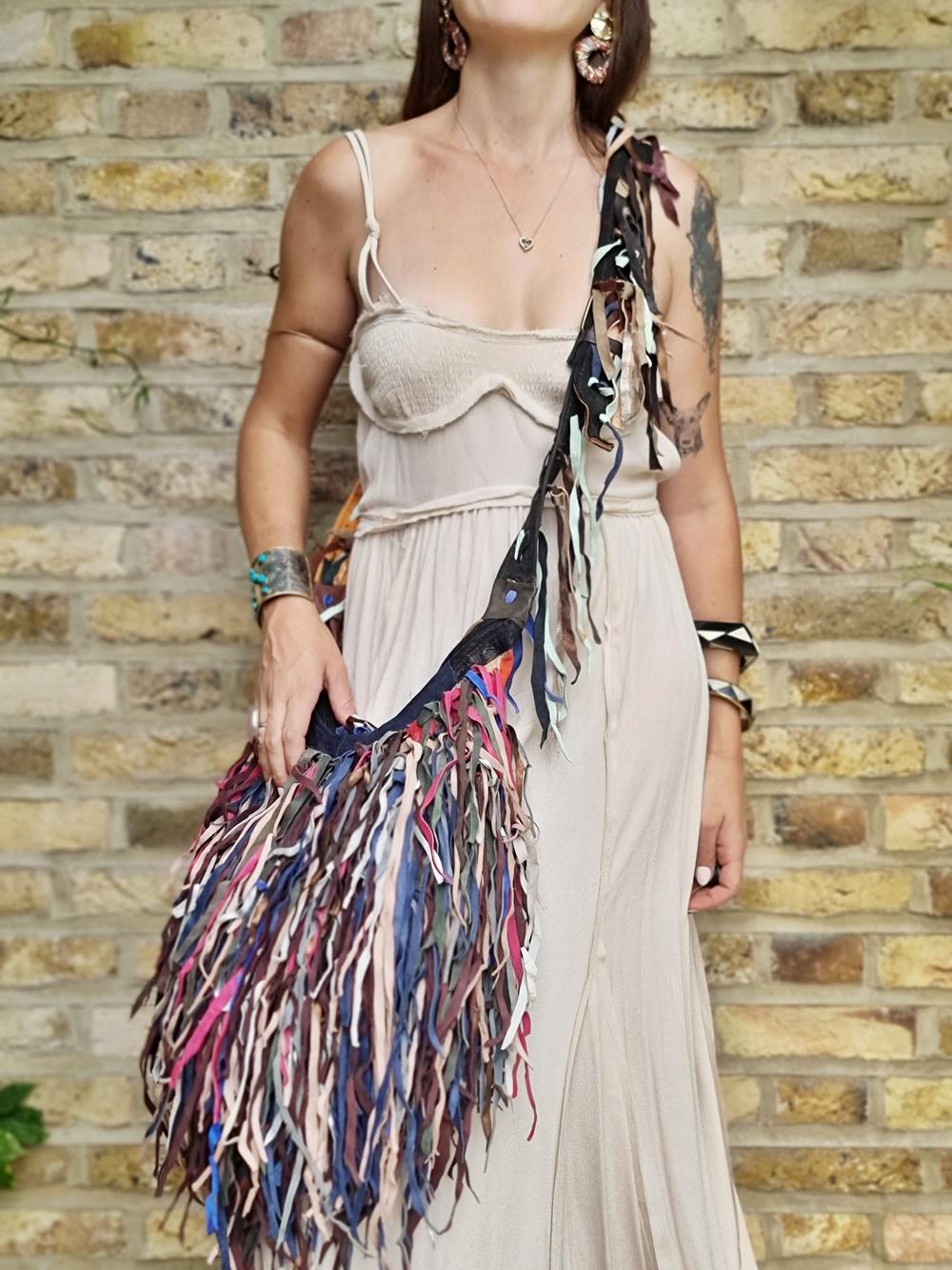 Upcycled Leather Fringe Shoulder Bag: Oversized Boho Western Tote