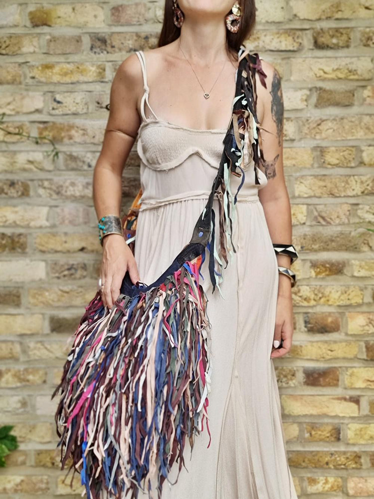 Upcycled Leather Fringe Shoulder Bag: Oversized Boho Western Tote