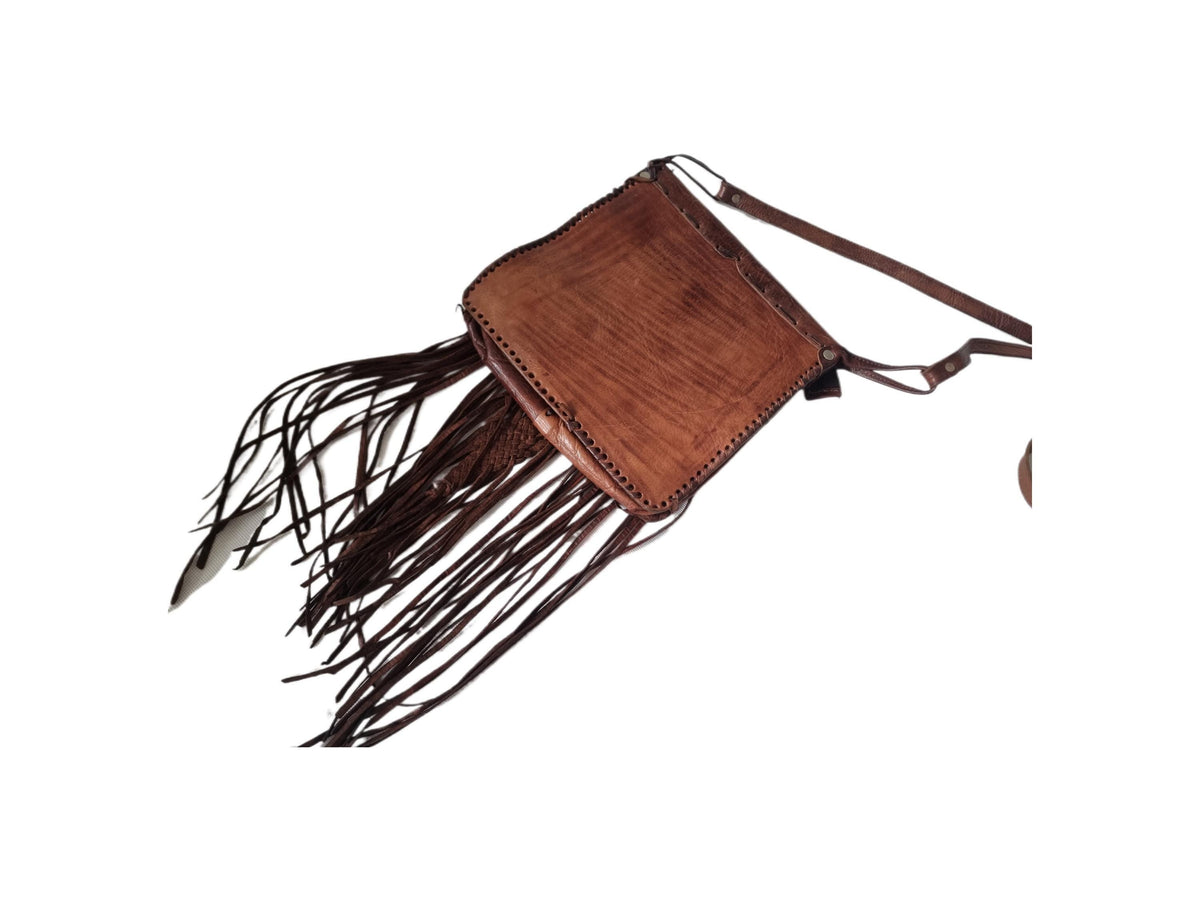 70s Braided Leather Fringe Crossbody Bag: Western Boho Purse