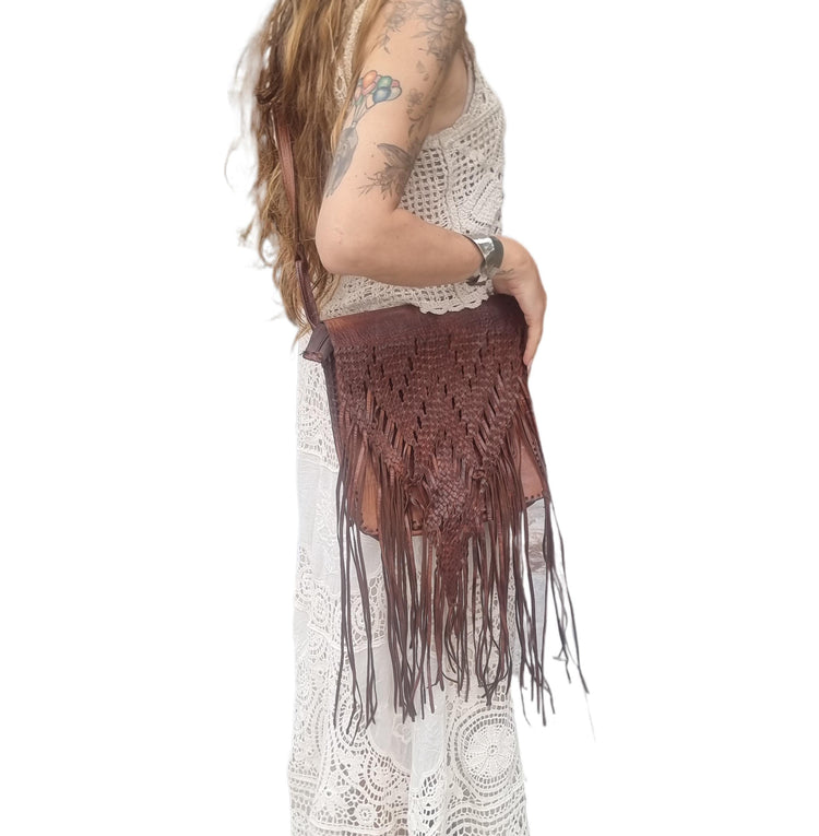 70s Braided Leather Fringe Crossbody Bag: Western Boho Purse