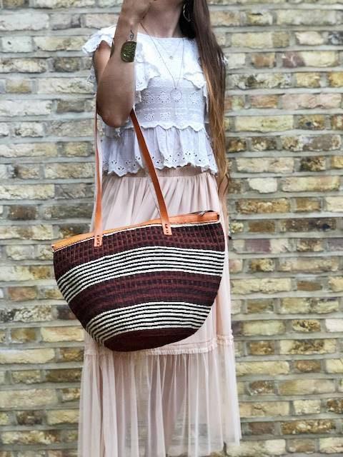 Handmade Leather Sisal Bucket Bag: Large African Boho Shopper
