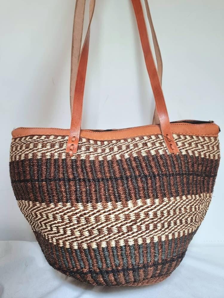 Handmade Leather Sisal Bucket Bag: Large African Boho Shopper