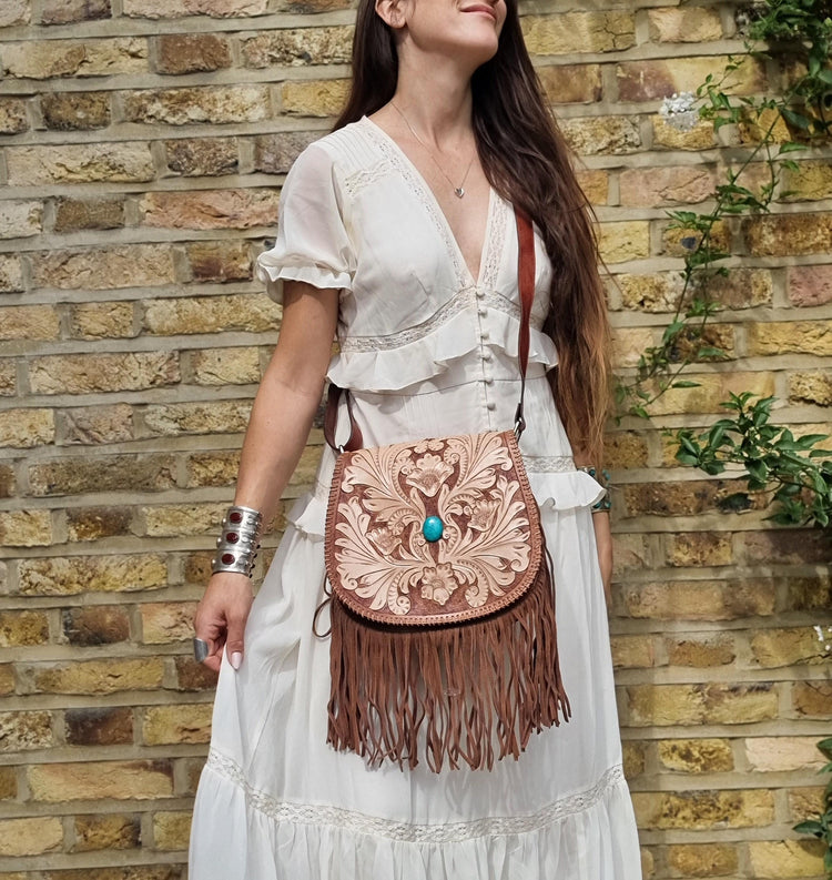 Western Fringe Leather Purse, Turquoise Tooled Crossbody Bag, Floral Boho Handbag, Cowgirl Tassel Bag, Hippie Leather Festival Purse