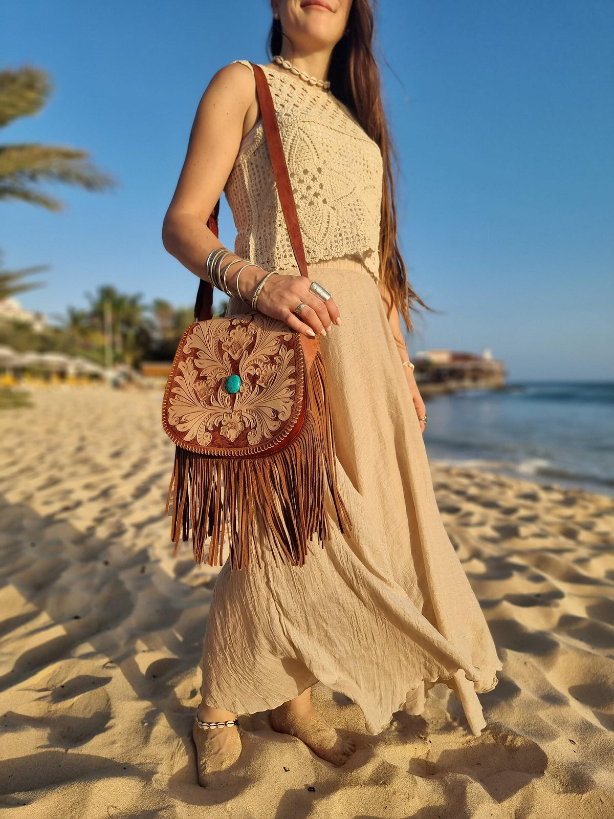 Western Fringe Leather Purse, Turquoise Tooled Crossbody Bag, Floral Boho Handbag, Cowgirl Tassel Bag, Hippie Leather Festival Purse
