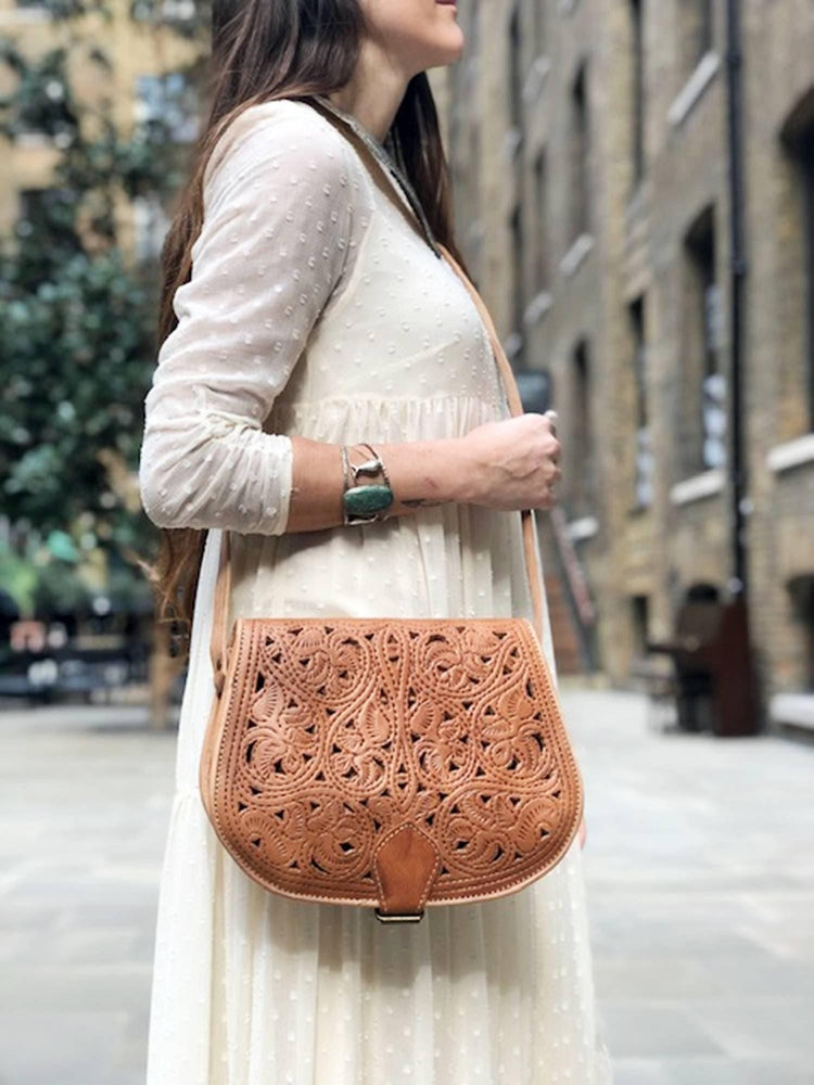 Handmade Tooled Leather Crossbody Bag: Moroccan Floral Satchel