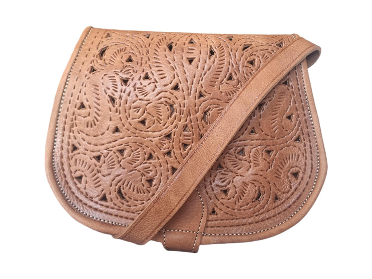 Handmade Tooled Leather Crossbody Bag: Moroccan Floral Satchel