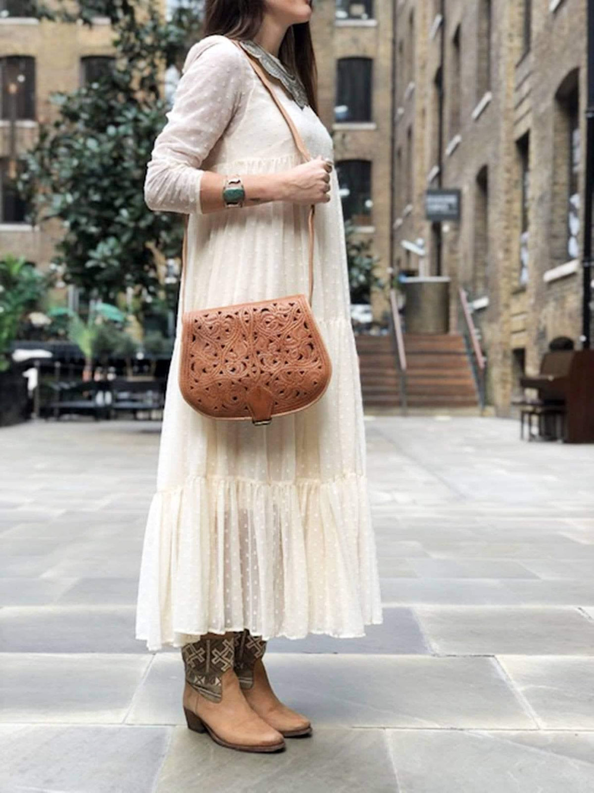 Handmade Tooled Leather Crossbody Bag: Moroccan Floral Satchel