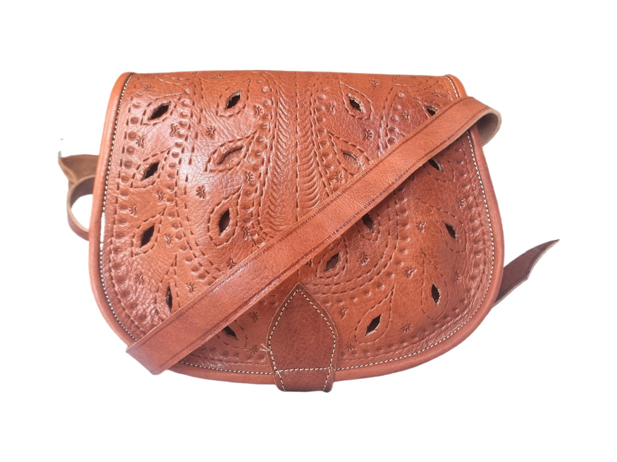Moroccan Leather Crossbody Bag Floral Cut Out Berber Purse Boho Saddle Bag Handmade Tan Leather Shoulder Bag