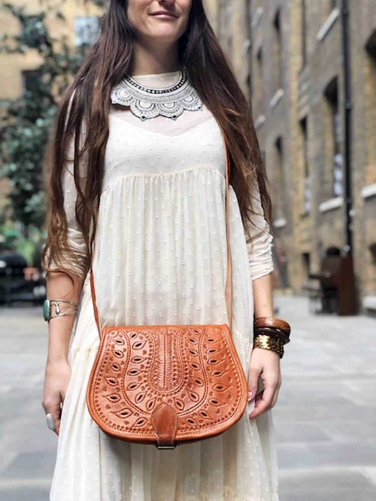 Moroccan Leather Crossbody Bag Floral Cut Out Berber Purse Boho Saddle Bag Handmade Tan Leather Shoulder Bag