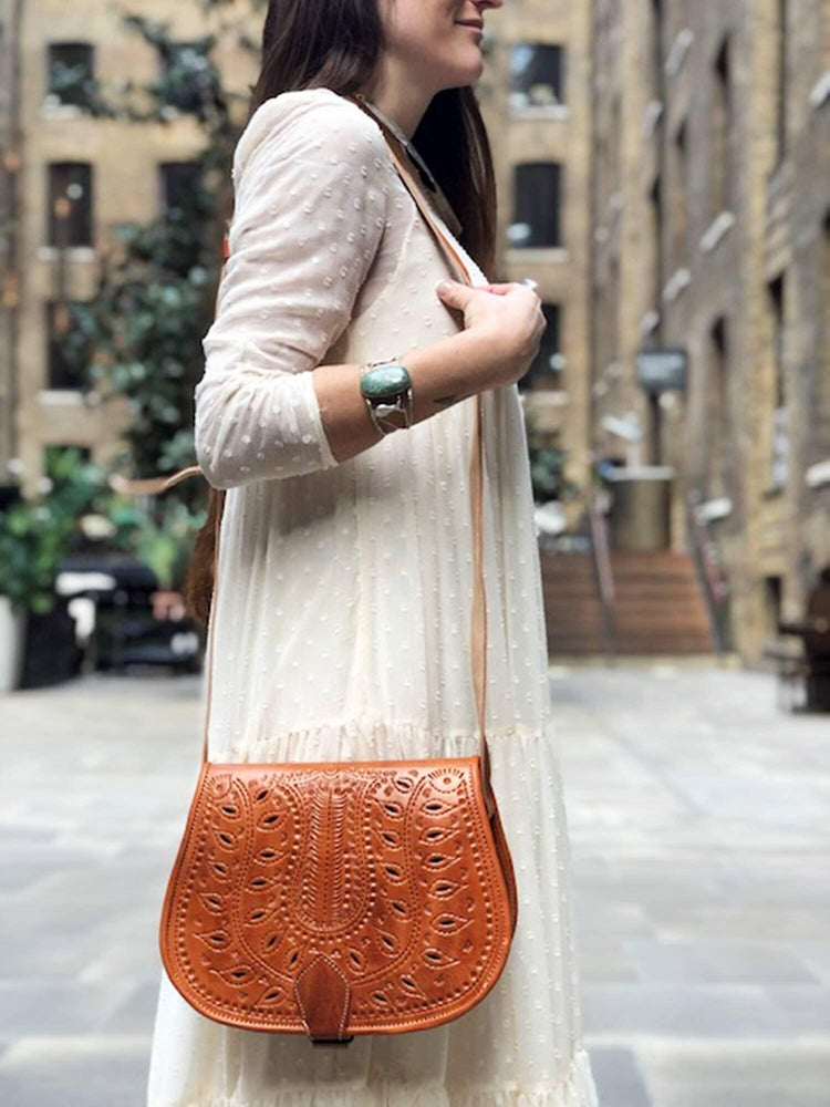 Moroccan Leather Crossbody Bag Floral Cut Out Berber Purse Boho Saddle Bag Handmade Tan Leather Shoulder Bag