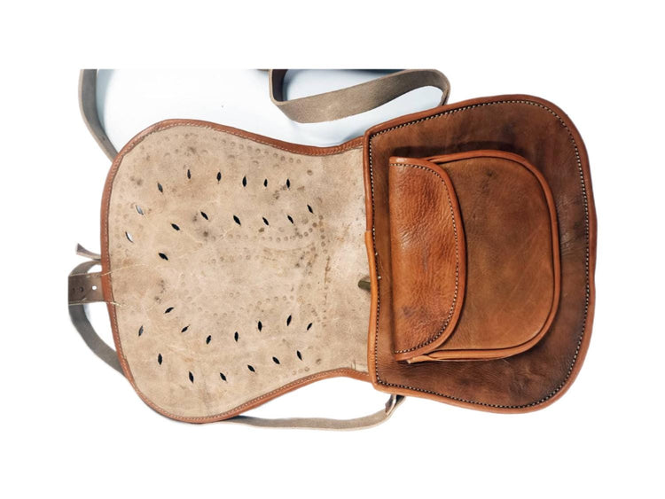 Moroccan Leather Crossbody Bag Floral Cut Out Berber Purse Boho Saddle Bag Handmade Tan Leather Shoulder Bag
