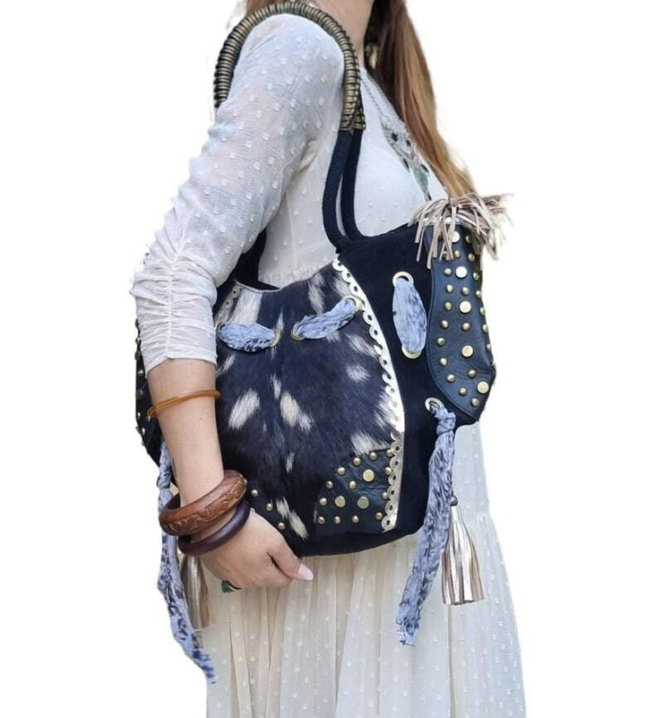 Cowhide Leather Tote Bag, Western Leather Shoulder Bag, Cowgirl Purse, Hair On Hide Handbag, Large Leather Shopper, Boho Festival Tote