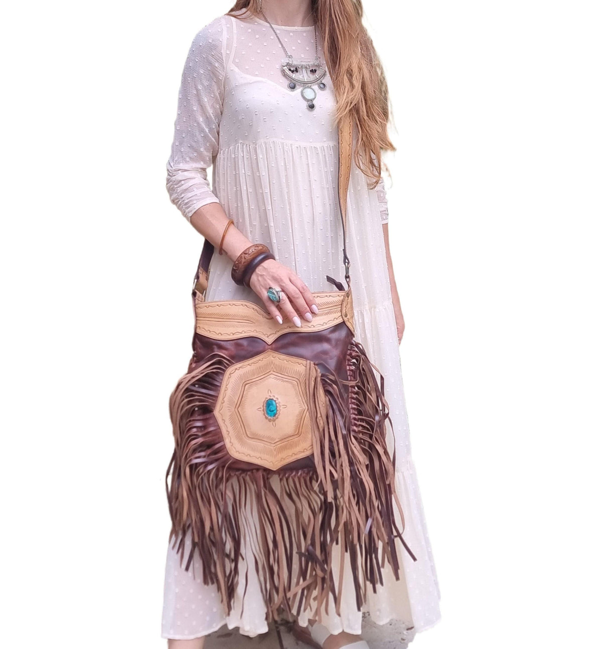 Fringe Leather Crossbody Bag, Western Cowgirl Purse, Tooled Leather Handbag, Southwestern Boho Bag, Turquoise Stone Bag, Festival Purse