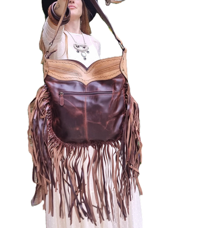 Fringe Leather Crossbody Bag, Western Cowgirl Purse, Tooled Leather Handbag, Southwestern Boho Bag, Turquoise Stone Bag, Festival Purse