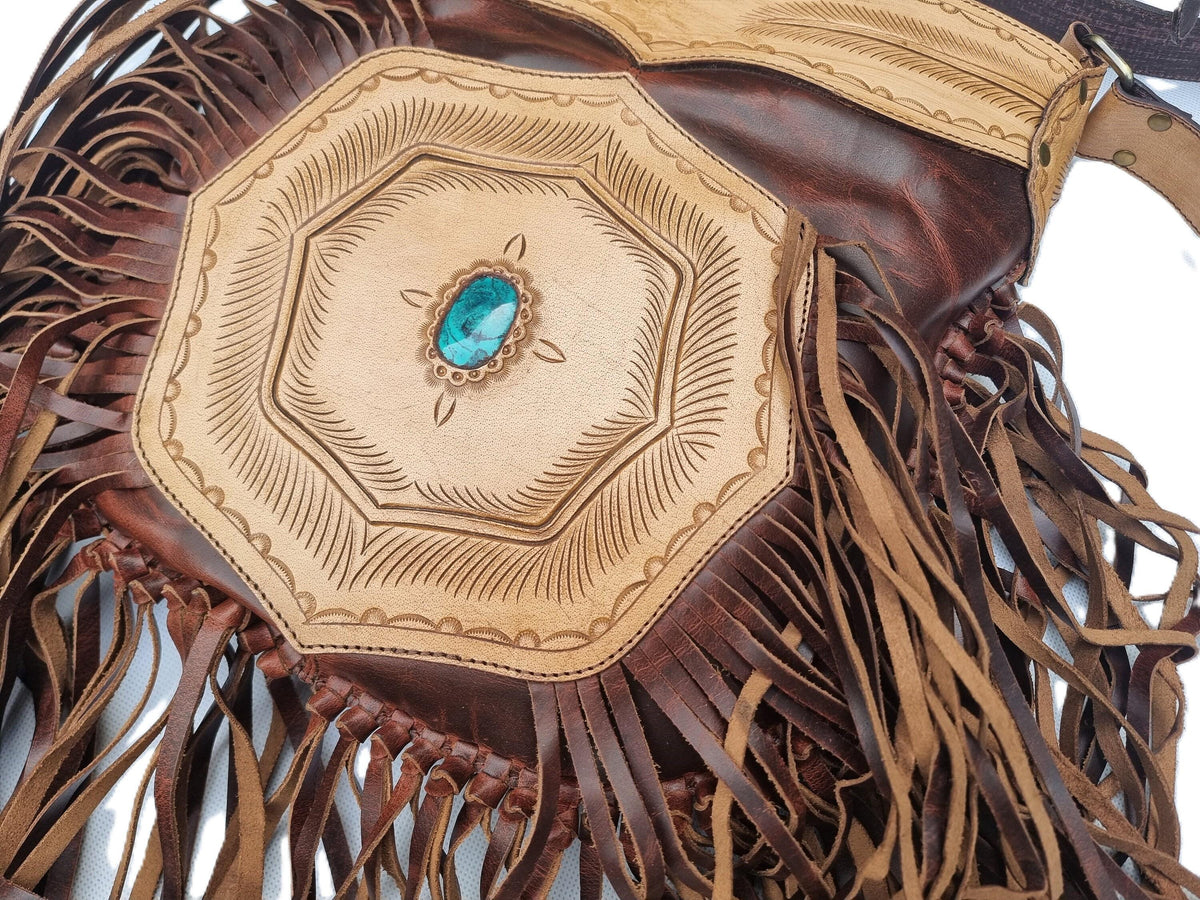 Fringe Leather Crossbody Bag, Western Cowgirl Purse, Tooled Leather Handbag, Southwestern Boho Bag, Turquoise Stone Bag, Festival Purse