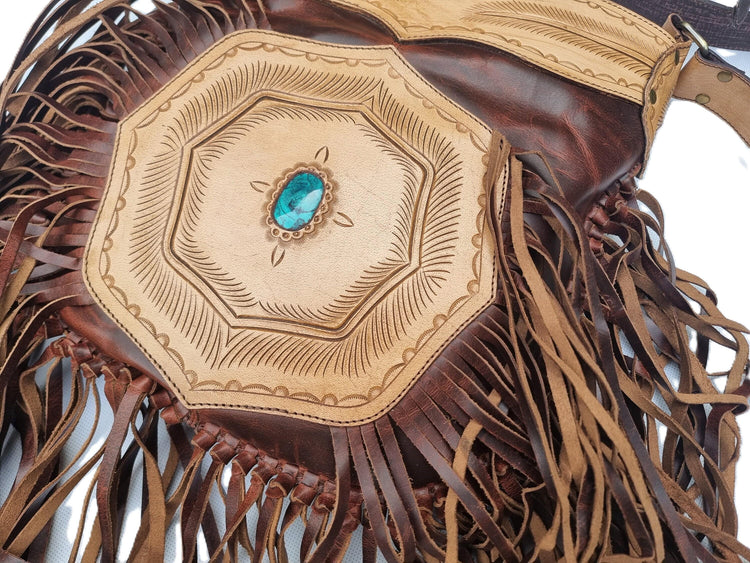 Fringe Leather Crossbody Bag, Western Cowgirl Purse, Tooled Leather Handbag, Southwestern Boho Bag, Turquoise Stone Bag, Festival Purse
