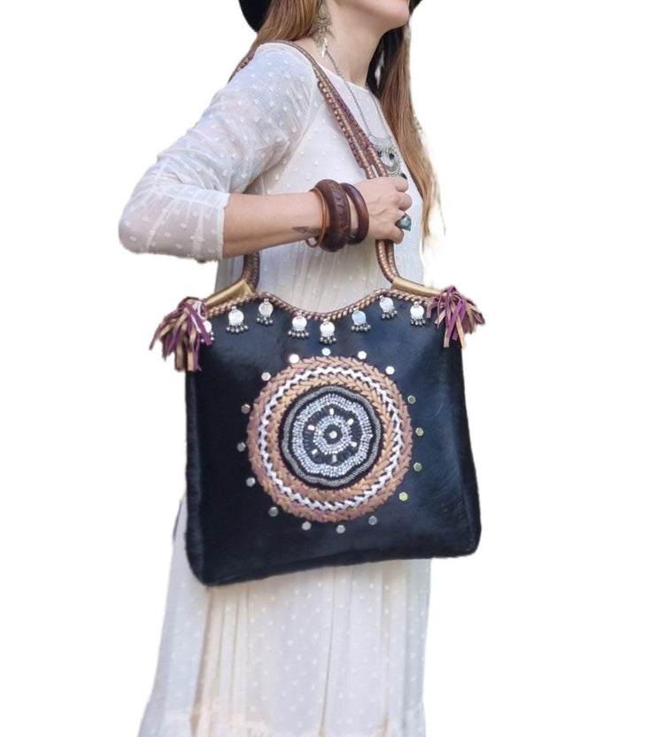 Cowhide Leather Tote Bag, Boho Leather Shoulder Bag, Handmade Western Handbag, Festival Tote, Gypsy Coin Leather Purse, Large Cowgirl Bag