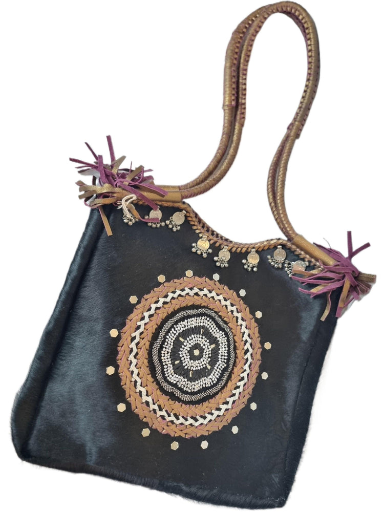 Cowhide Leather Tote Bag, Boho Leather Shoulder Bag, Handmade Western Handbag, Festival Tote, Gypsy Coin Leather Purse, Large Cowgirl Bag